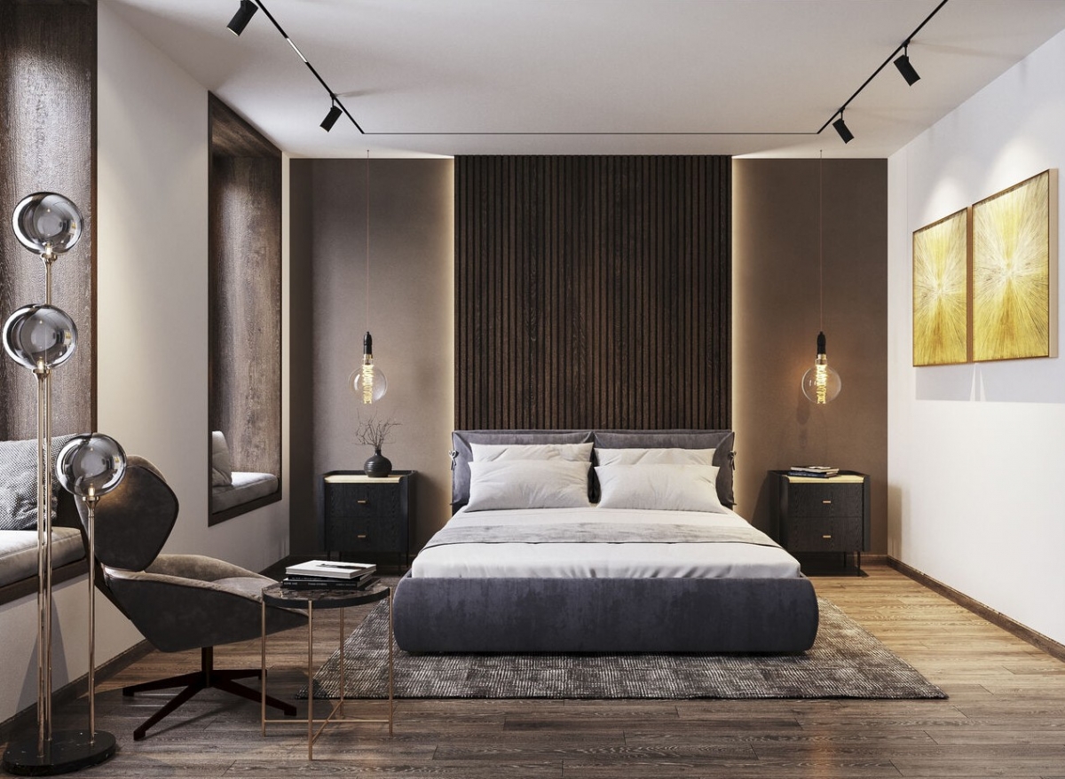 Интерьер стильной спальни в серо-коричневых оттенках