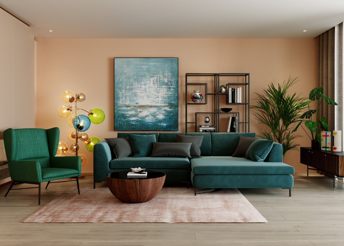 Эко-минимализм и оттенки зеленого в стильной гостиной