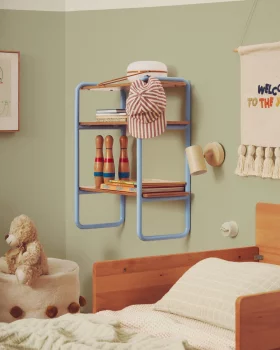 Стеллаж из ясеневого шпона с синей металлической конструкцией Tinn 60X28X70 CM