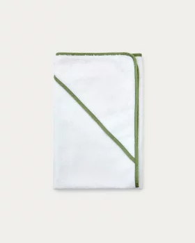 Белое хлопковое полотенце с капюшоном Nuni с зелёной окантовкой 75X75X1 CM
