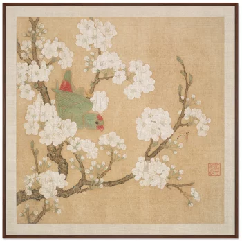 Постер A parrot in the branches of a peach tree 105X105 CM