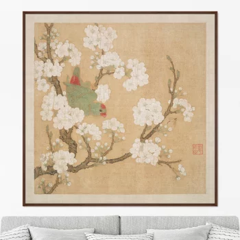 Постер A parrot in the branches of a peach tree 105X105 CM