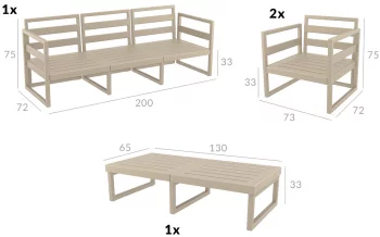 Комплект пластиковой мебели Mykonos 200X72X75 / 73X72X75 / 73X72X75 / 130X65X33 CM