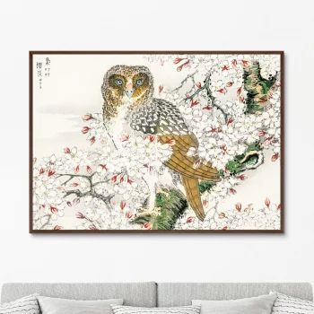 Постер Short eared Owl and Cherry Flower 105X75 CM