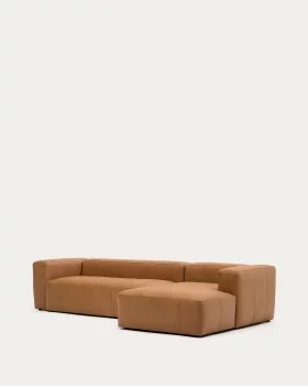 Коричневый кожаный угловой диван Blok на 4 места с правым шезлонгом 330X174X69 CM