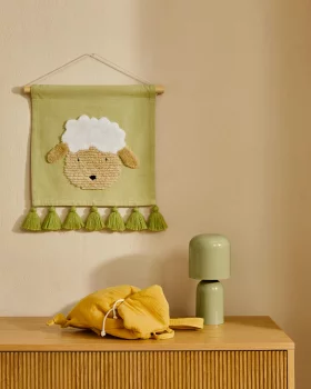 Хлопковый настенный гобелен Milu с овечкой и зелеными кисточками 40X55X1 CM