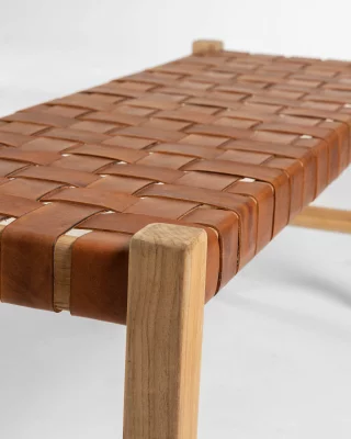 Скамейка из тика и кожи Calixta 120X47X47 CM 4