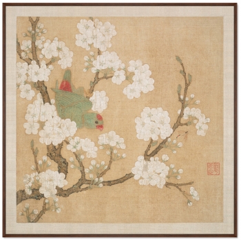 Постер A parrot in the branches of a peach tree 105X105 CM