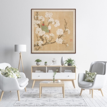Постер A parrot in the branches of a peach tree 105X105 CM