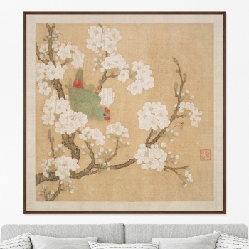 Постер A parrot in the branches of a peach tree 105X105 CM