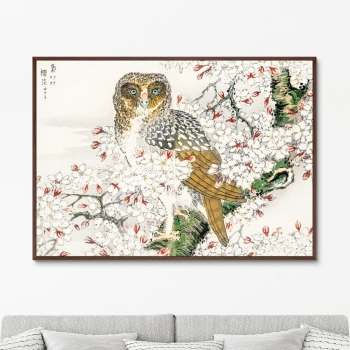 Постер Short eared Owl and Cherry Flower 105X75 CM