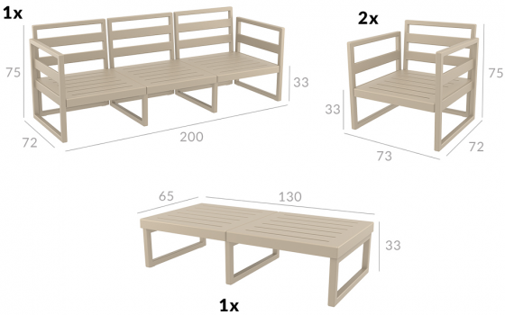 Комплект пластиковой мебели Mykonos 200X72X75 / 73X72X75 / 73X72X75 / 130X65X33 CM 2